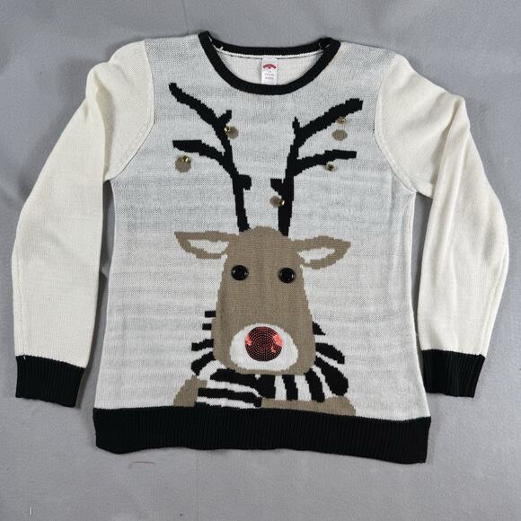 Reindeer Christmas Holiday Ugly Sweater with Jingle Bells Cream Black Size Lg - Picture 1 of 14